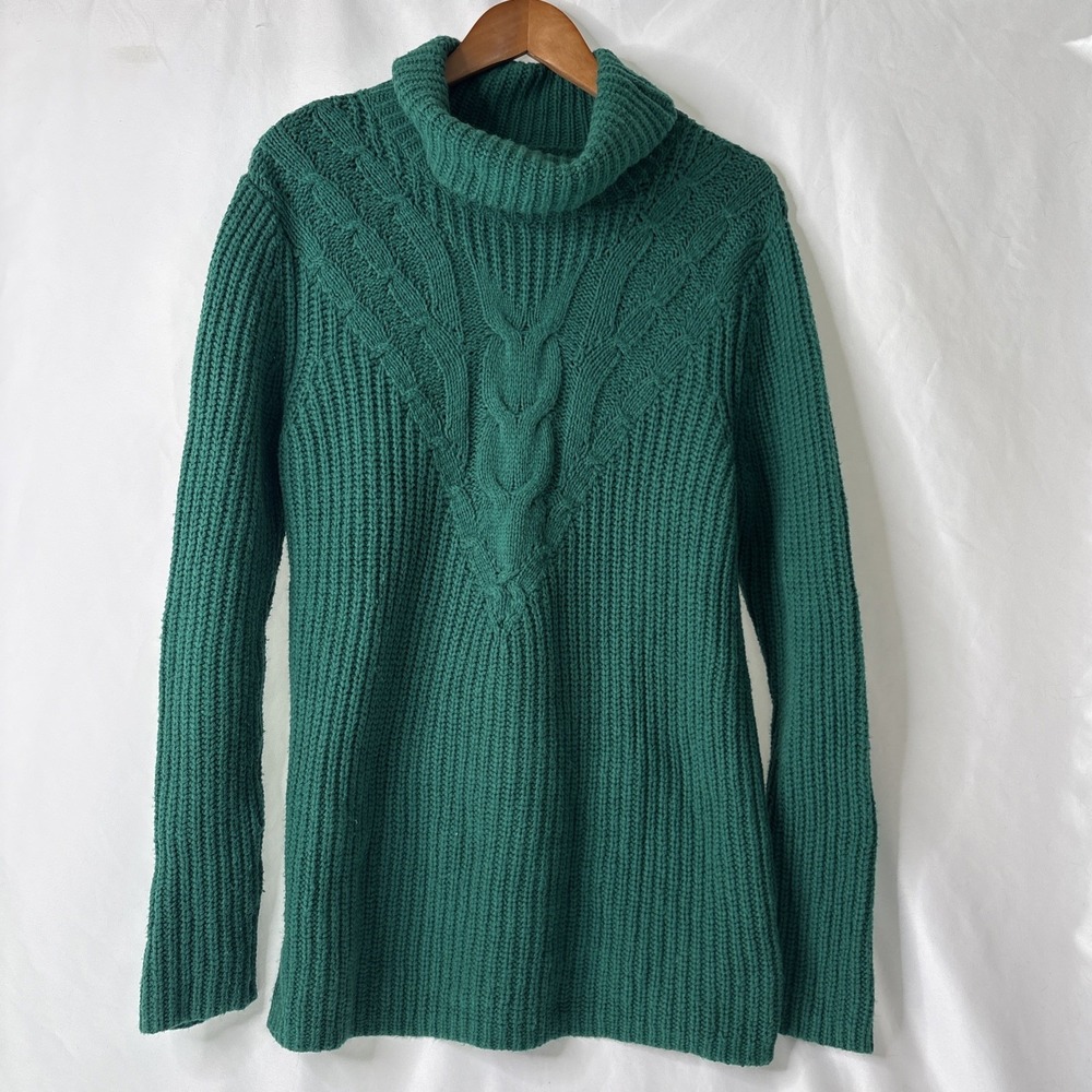 Lands' End Turtleneck Chunky Cable Knit Fisherman Sweater Womens M‎ 10/12 Green
